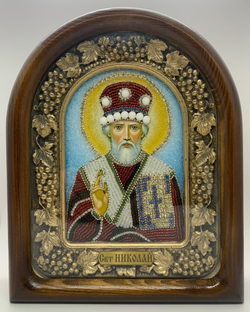 Дивеевскся икона с рукописным ликом из бисера Свт. Николая.