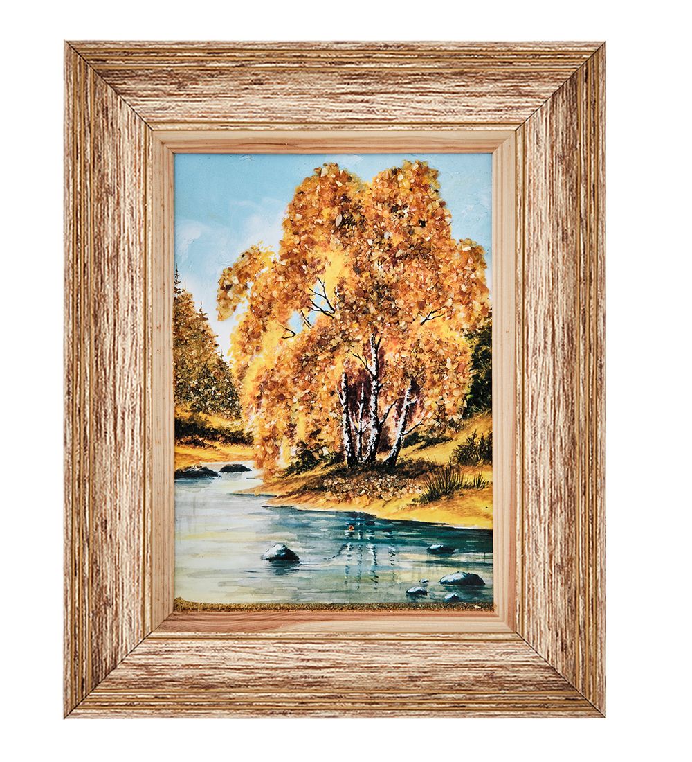 AMB-01/83 Картина «Березы у реки» (с янтарной крошкой) пласт.рамка 33х42см