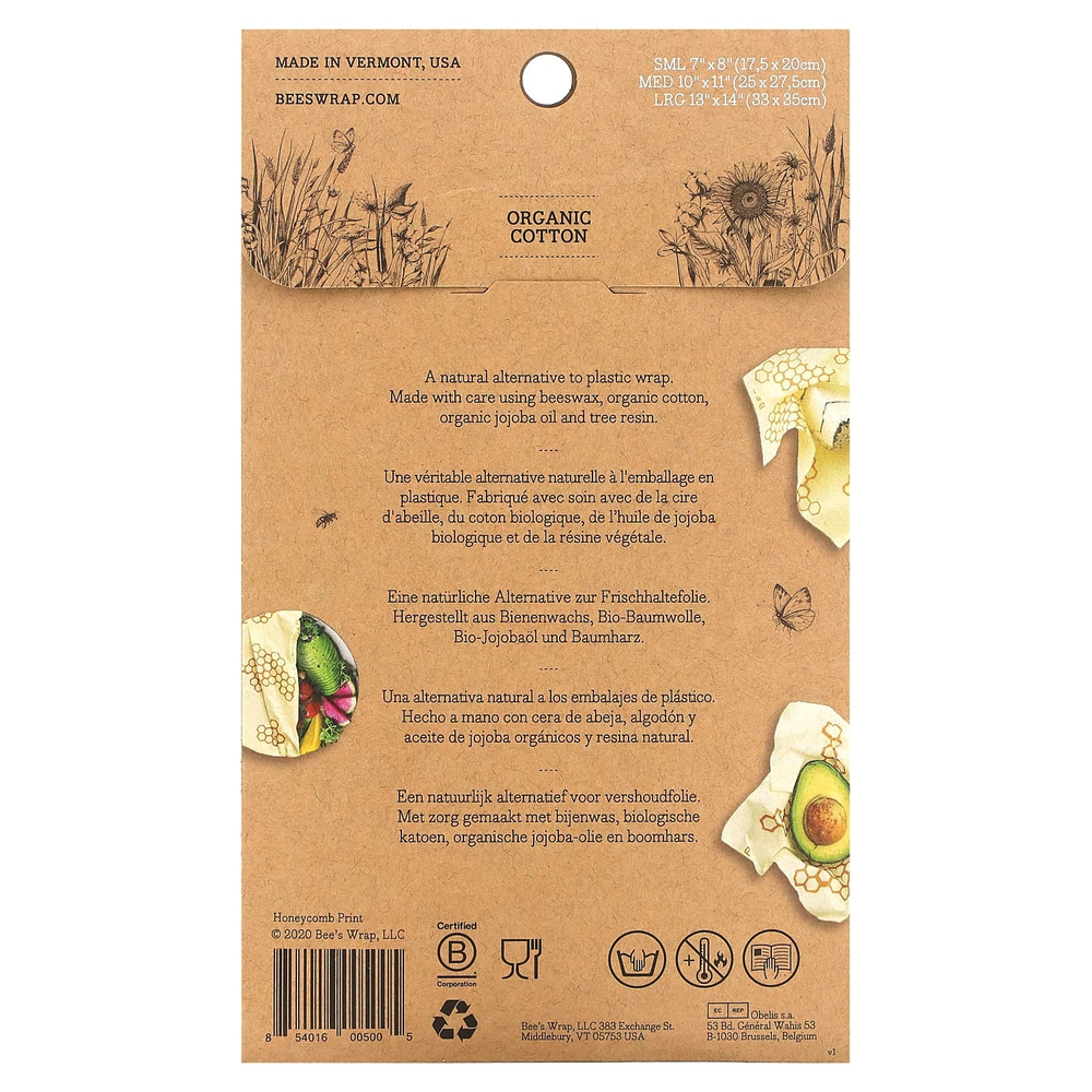 Bee's Wrap, Пищевая пленка, сотовый принт, 3 шт. В ассортименте