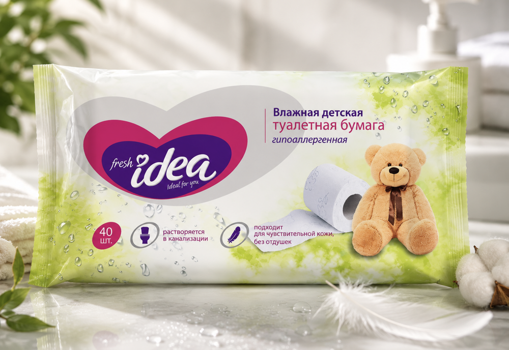 Fresh idea Влажная ДЕТСКАЯ РАСТВОРЯЮЩАЯСЯ туалетная бумага 40шт, 13*17см гипоаллерг., без отдушек