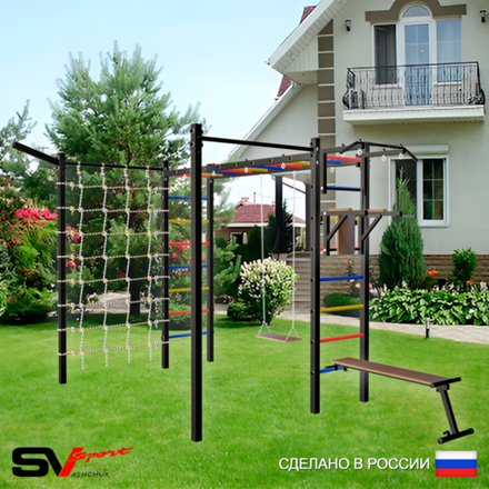 Уличная шведская стенка Sv Sport рукоход с комплектом турник прямой 2шт У5337 (Турник/Брусья/Скамья/Деревянные/Кронш бокс/Сетка)