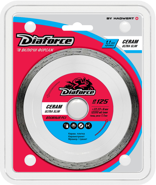 Диск алмазный DIAFORCE CERAM ULTRA SLIM STRONG 125x22.23x10x1.1 мм ультра-тонкий влажный рез
