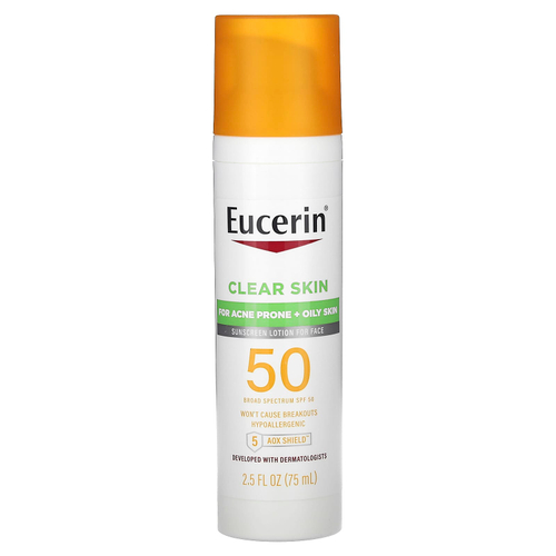 Eucerin, Clear Skin, легкий солнцезащитный лосьон для лица, SPF 50, без отдушек, 75 мл (2,5 жидк. унции)
