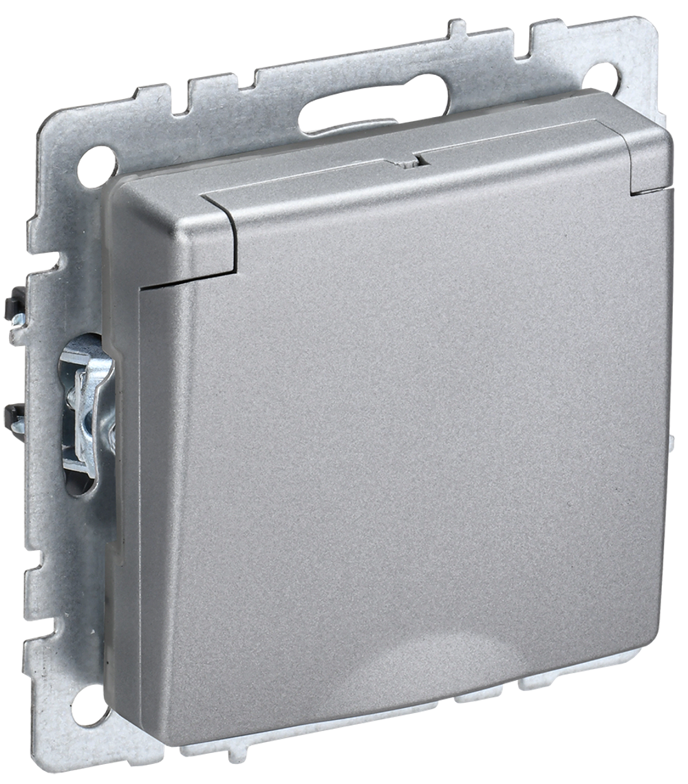 BRITE Розетка 1-местная с заземлением с защитными шторками и крышкой 16А IP44 РСбш10-3-44-БрА алюминий IEK
