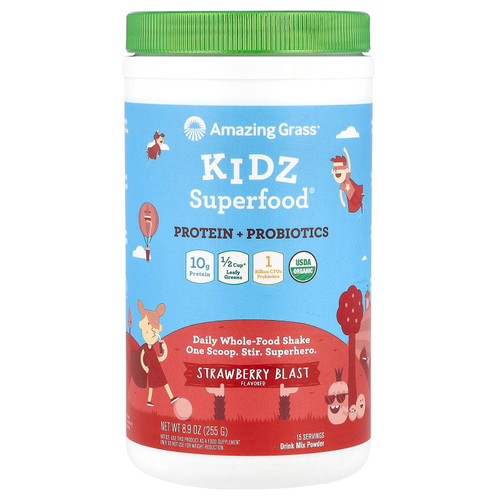 Amazing Grass, Kidz Superfood, протеин и пробиотики, клубничный взрыв, 255 г (8,9 унции)