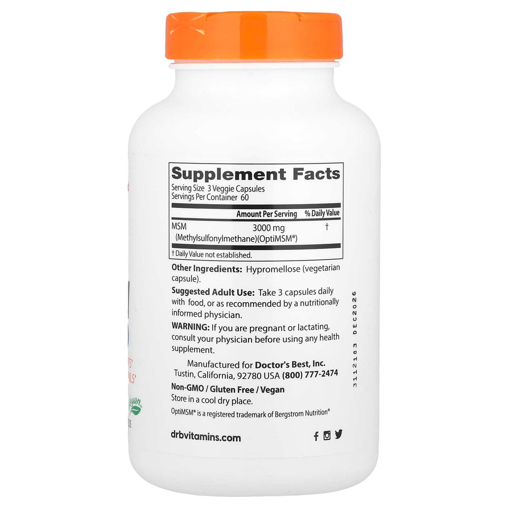 Doctor's Best, МСМ с OptiMSM®, 180 растительных капсул (1000 мг в 1 капсуле)