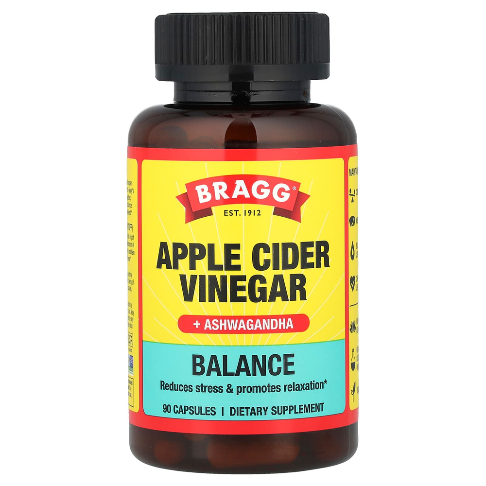 Bragg, Яблочный уксус + ашваганда, 90 капсул