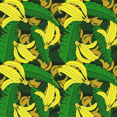 Seamless tropical pattern with banana leaves and bunches.
