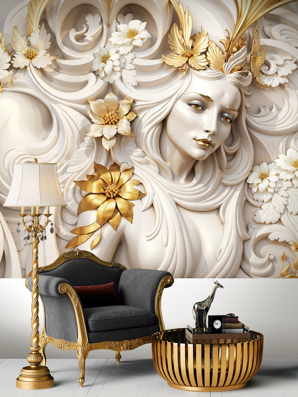 Объемные 3D Фотообои девушка и цветы в золоте