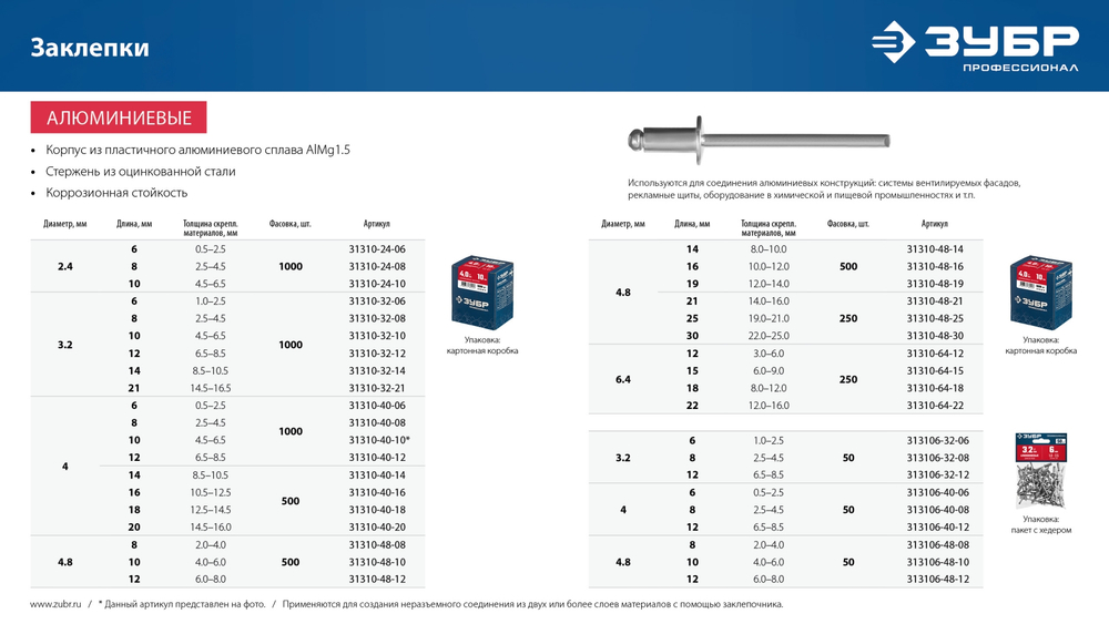 ЗУБР 3.2 x 8 мм, 1000 шт, алюминиевые заклепки, Профессионал (31310-32-08)