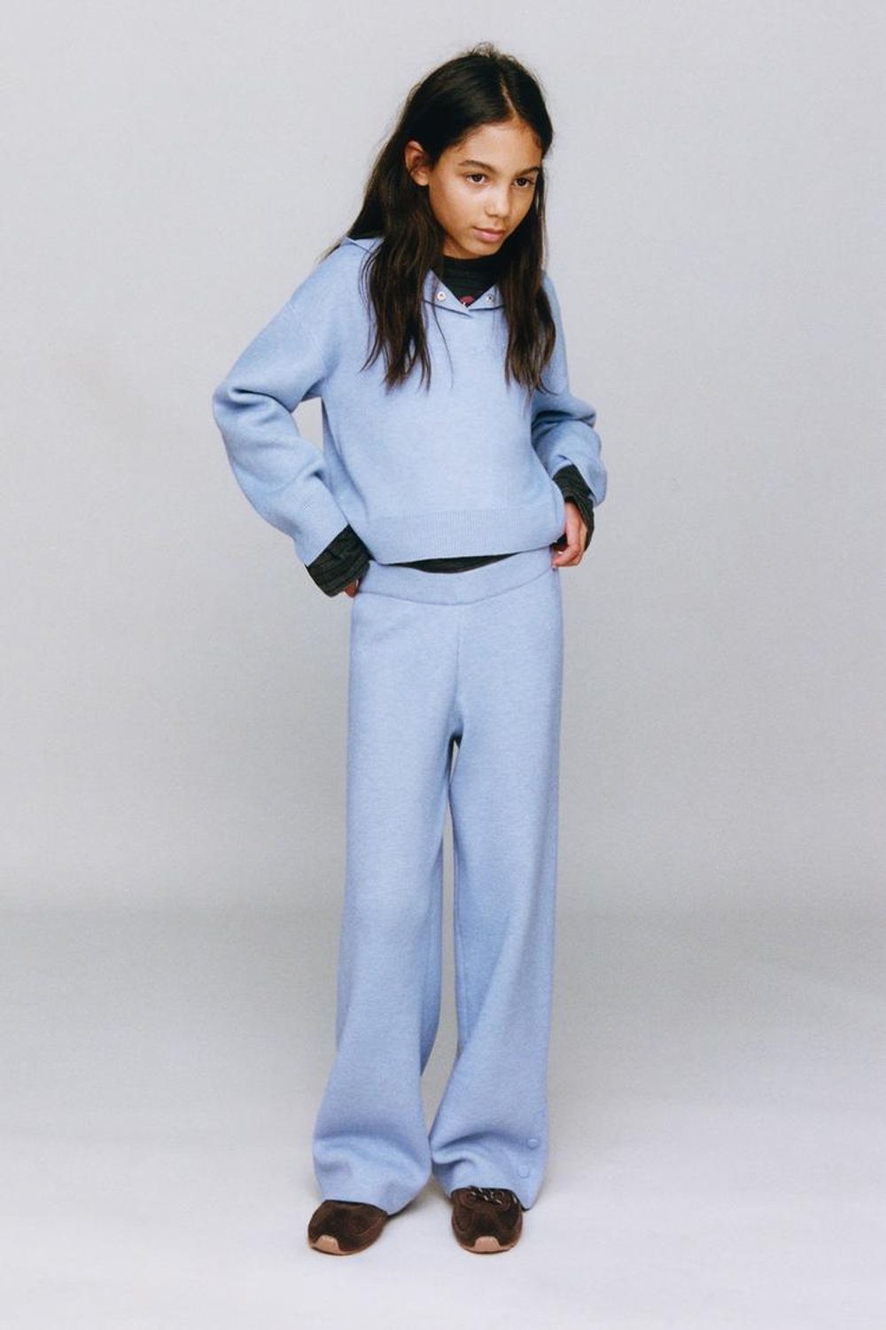 ZARA ТРИКОТАЖНЫЕ БРЮКИ WIDE LEG, ЛИНЯЛЫЙ СИНИЙ