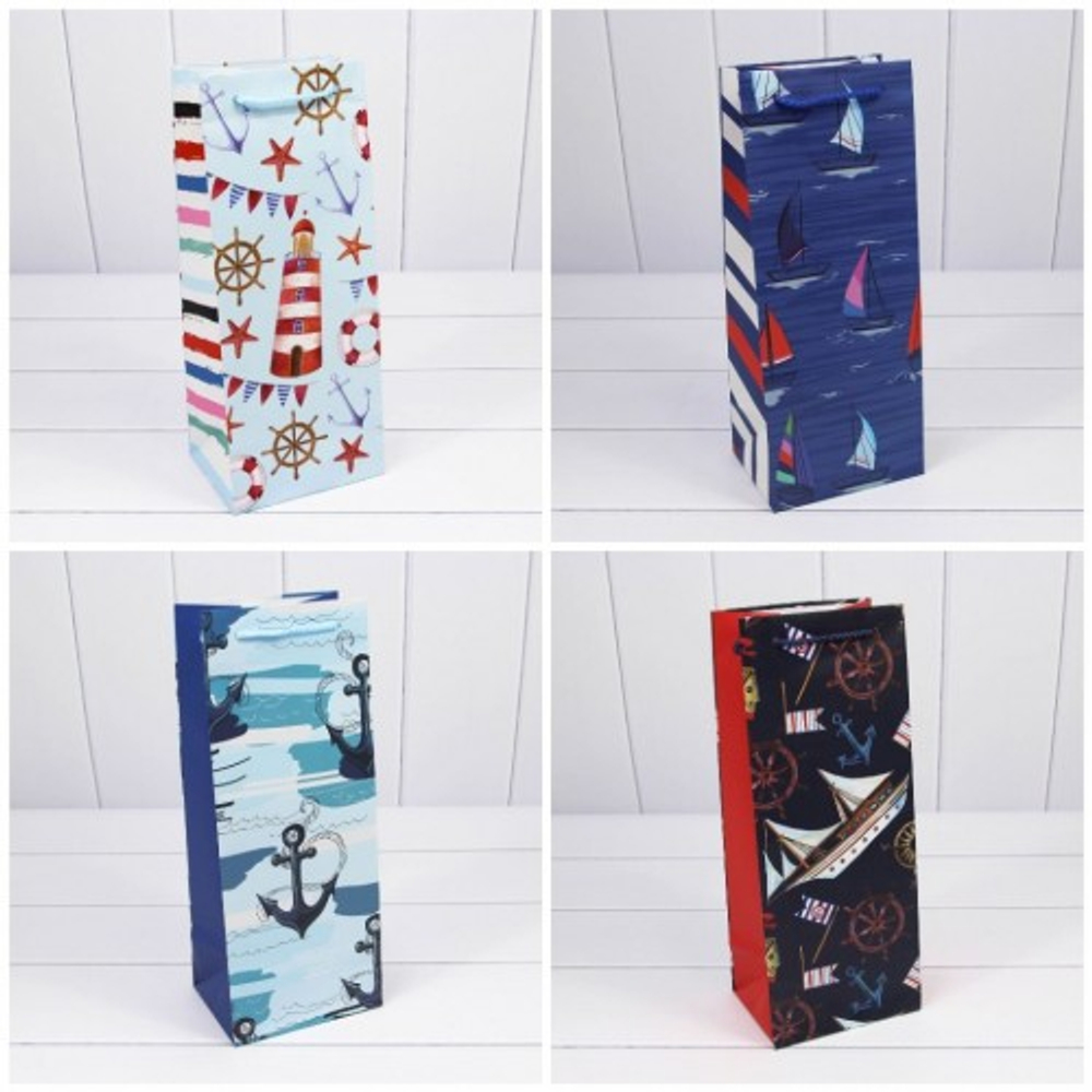 Пакет подарочный Под бутылку 14х35х11см "Морской" (Микс)