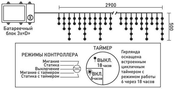 Светодиодная бахрома 3*0.5 м., 3 батарейки типа D 4.5V, 100 LED ламп синего цвета, прозрачный силикон, LTC (ECC100-10-8B)