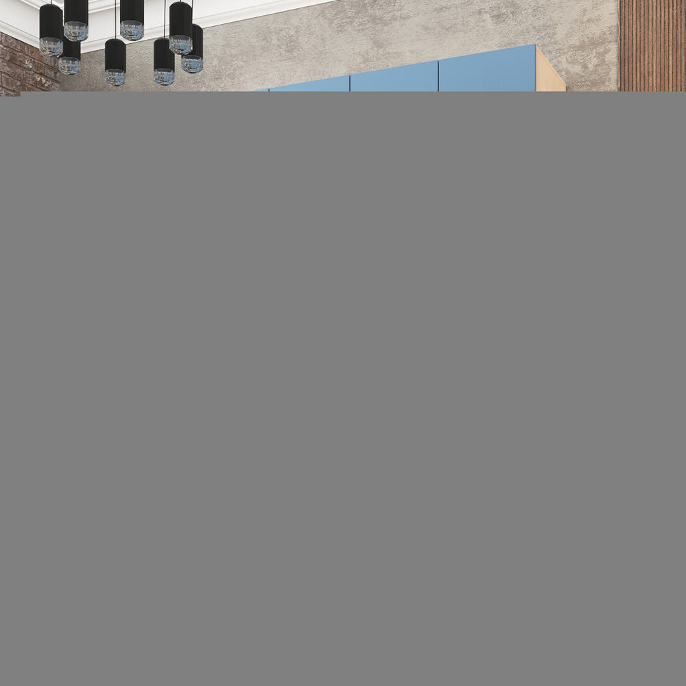 Шкаф Агератум МДФ четырехсекционный с антресолью и стеллажом в синей эмали - Дуб молочный 8622  210*50*220