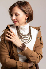 Серьги "Венеция" двухсторонние коричневый-фуксия, фурнитура серебро