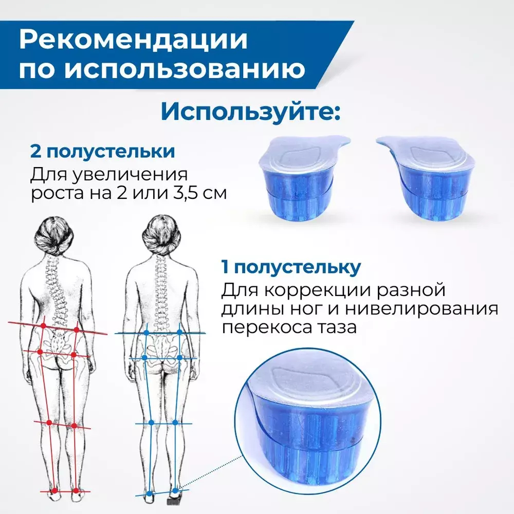 Гелевые полустельки подпяточники для роста +3,5 см двухслойные