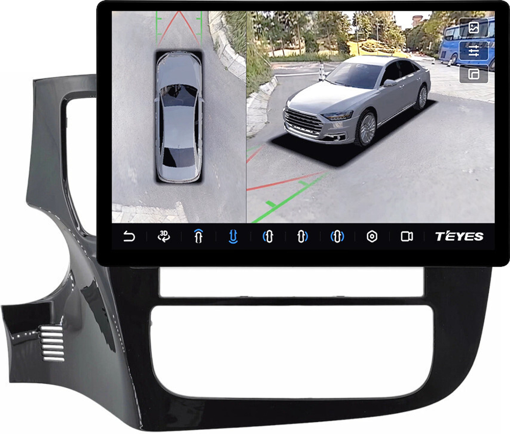 Магнитола для Mitsubishi Outlander 3 2012-2024 (овальный климат, Китай, рамка 9) - Teyes CC3-2K-360 монитор 13" 2K QLED на Android 10, 6Гб+128Гб, CarPlay, 4G SIM-слот, 4 камеры в комплекте