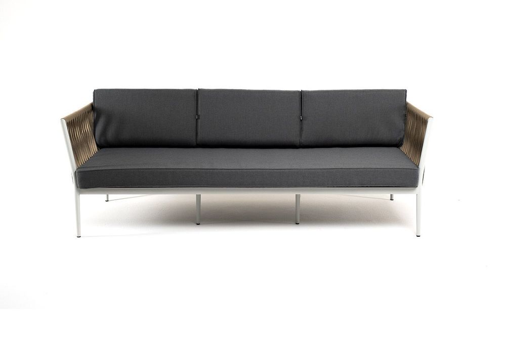 "Касабланка" диван 3-местный плетеный из роупа, каркас алюминий светло-серый (RAL7035) муар, роуп серо-коричневый 23мм, ткань серая 017