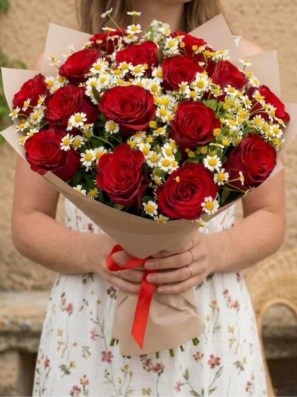 Букет из красных роз и ромашек