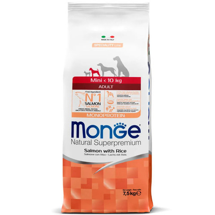 MONGE MINI ADULT Сухой корм для взрослых собак мелких пород с лососем и рисом, 7,5 кг.