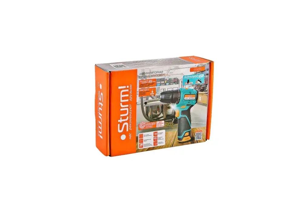 Шуруповерт аккумуляторный бесщеточный 12В, крутящий момент 35Нм, патрон 10мм, аккумулятор 2.0Ач, TYPE-C, система 1BatterySystem12V, Sturm!