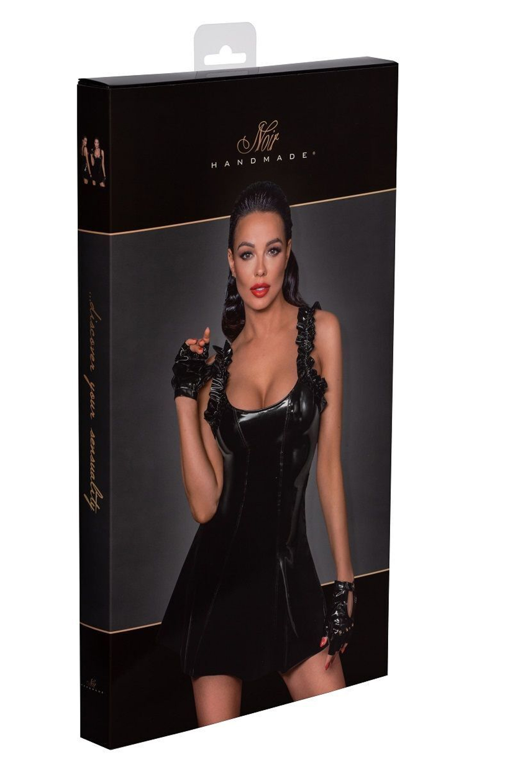 Короткое платье с оборками на бретелях Short PVC dress with frilled shoulder straps (Размер: L) (Цвет: черный)