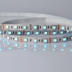 ULS-5050-60LED-m-10mm-IP20-DC24V-14.4W-m-5M-RGB Гибкая светодиодная лента UNIEL на самоклеящейся основе. Упаковка катушка 5 м. в герметичной упаковке. IP20. Угол излучения 120 . Мультиколор.