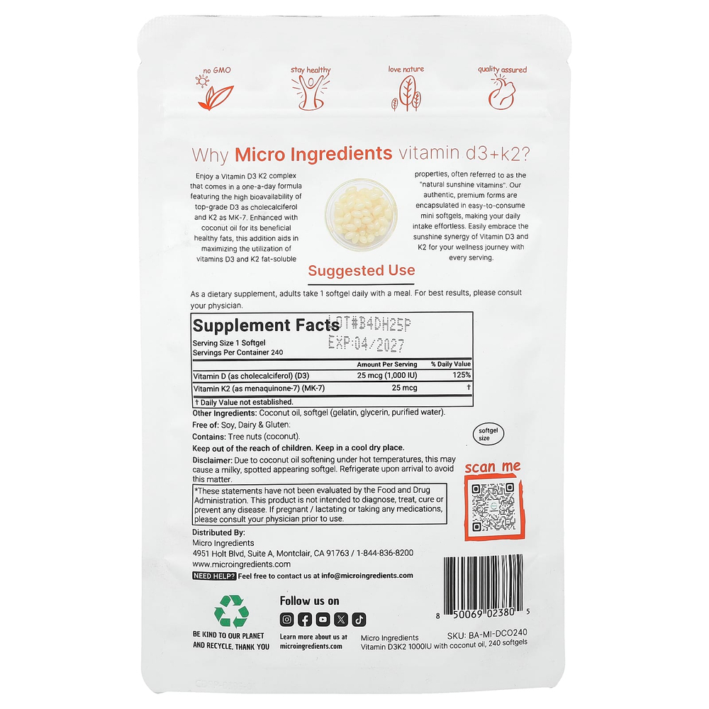 Micro Ingredients, витамины D3 и K2, 240 капсул