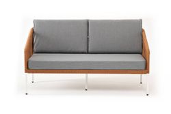 "Канны" диван 2-местный плетеный из роупа, каркас алюминий светло-серый (RAL7035) муар, роуп оранжевый меланж круглый, ткань светло-серая