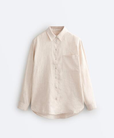Oysho Рубашка свободного кроя из 100%-го льна, песочный меланж