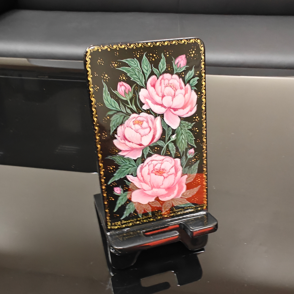 Сувенирная подставка для телефона с росписью Палех "Пионы"