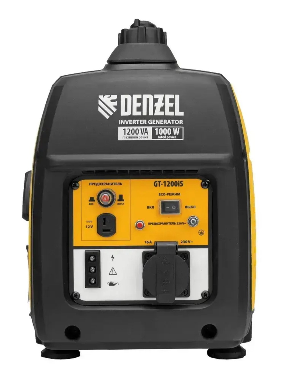 Генератор инверторный DENZEL GT-1200iS, 1.2 кВт и 53.5 см3 объем двигателя, 2.4 л объем топливного бака, ручной стартер и режим ECO, 1 розетка и выход постоянного тока 12 В, 94701