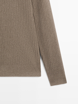 Massimo Dutti Трикотажный свитер из смесового хлопка с воротником-поло, хаки