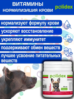 Polidex Recovit для собак, Кормовая добавка для восстановления организма после операций, травм, больших потерь крови, Полидекс Рековит, 150 таб