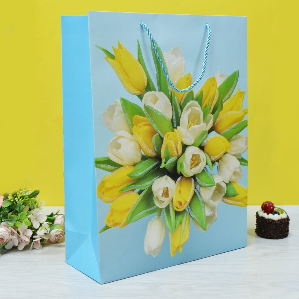 Пакет бумажный 30*41,5*12см с ручками, с блёстками "Тюльпаны" микс