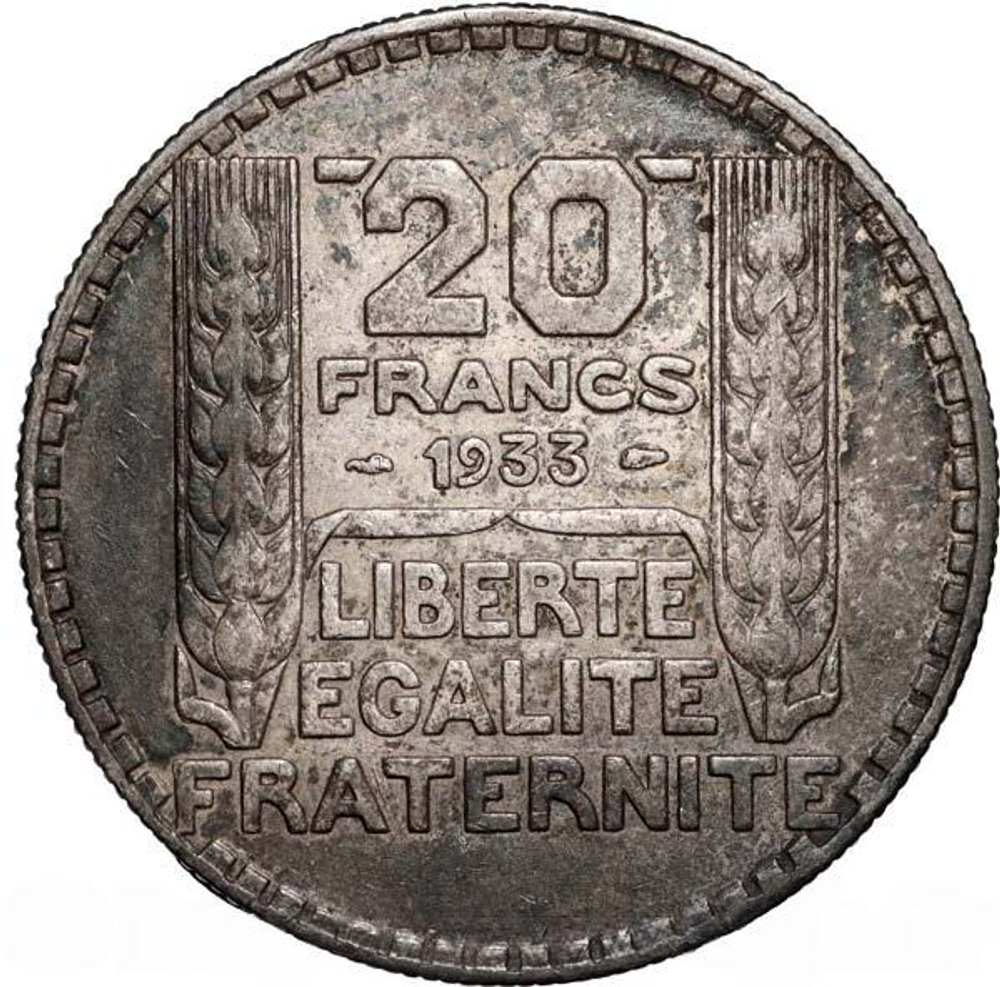 France, 20 Francs 1933 – "Turin" (Long Branches Variant), VF