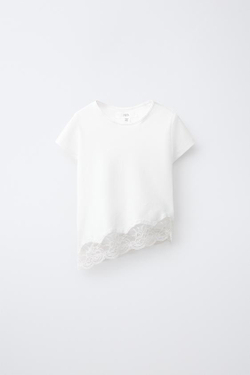 ZARA ОДНОТОННАЯ ФУТБОЛКА С КРУЖЕВНОЙ ОТДЕЛКОЙ, БЕЛЫЙ