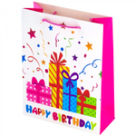 Пакет подарочный бумажный Alingar, (XL) 31х40х12 см, "Happy birthday", ламинация, (4 дизайна в коробе)