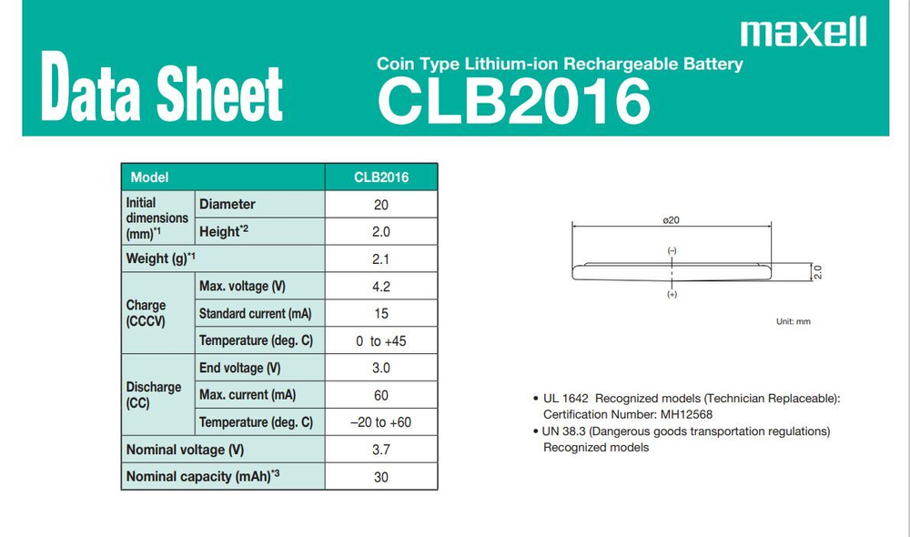 Аккумулятор CLB2016 Maxell