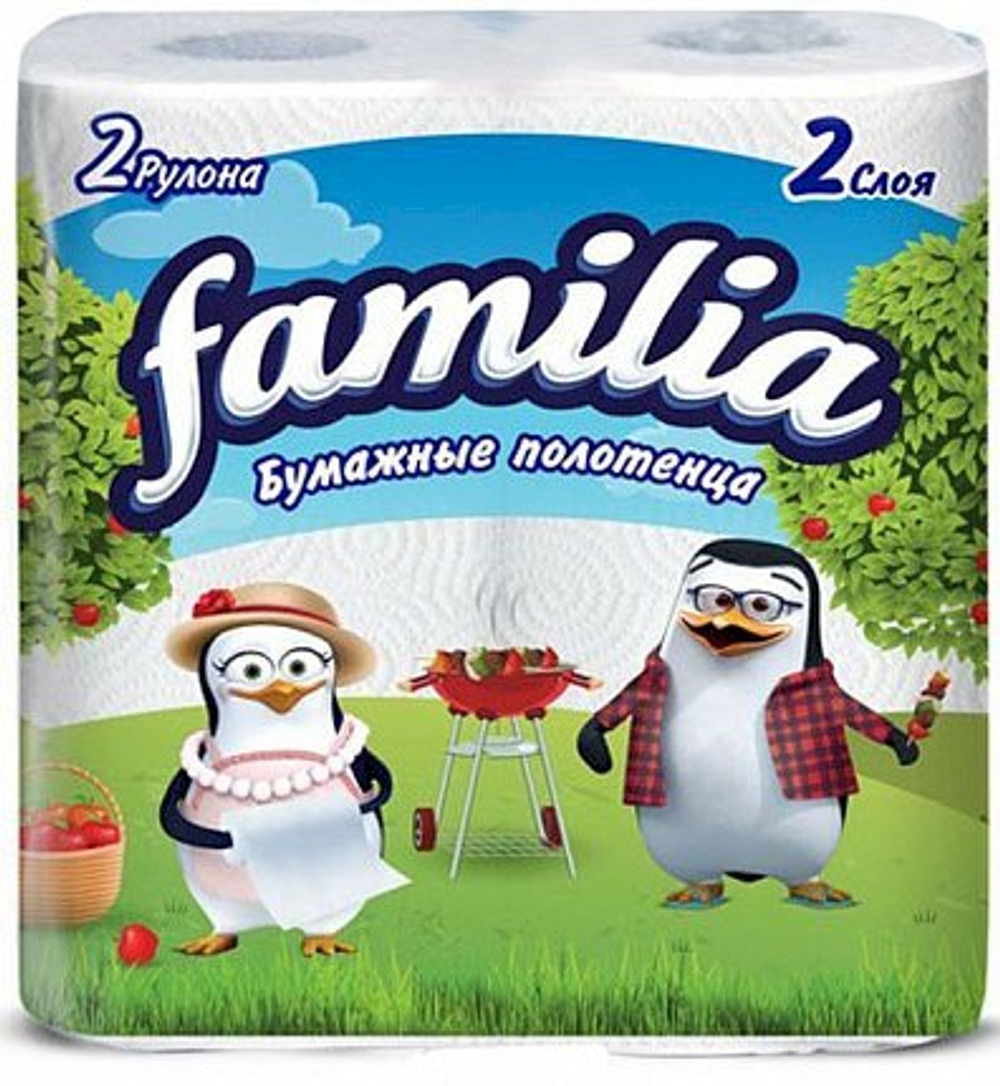 Полотенца бумажные Familia, 2-слойные, в рулонах, белые, 2 рулона в упаковке