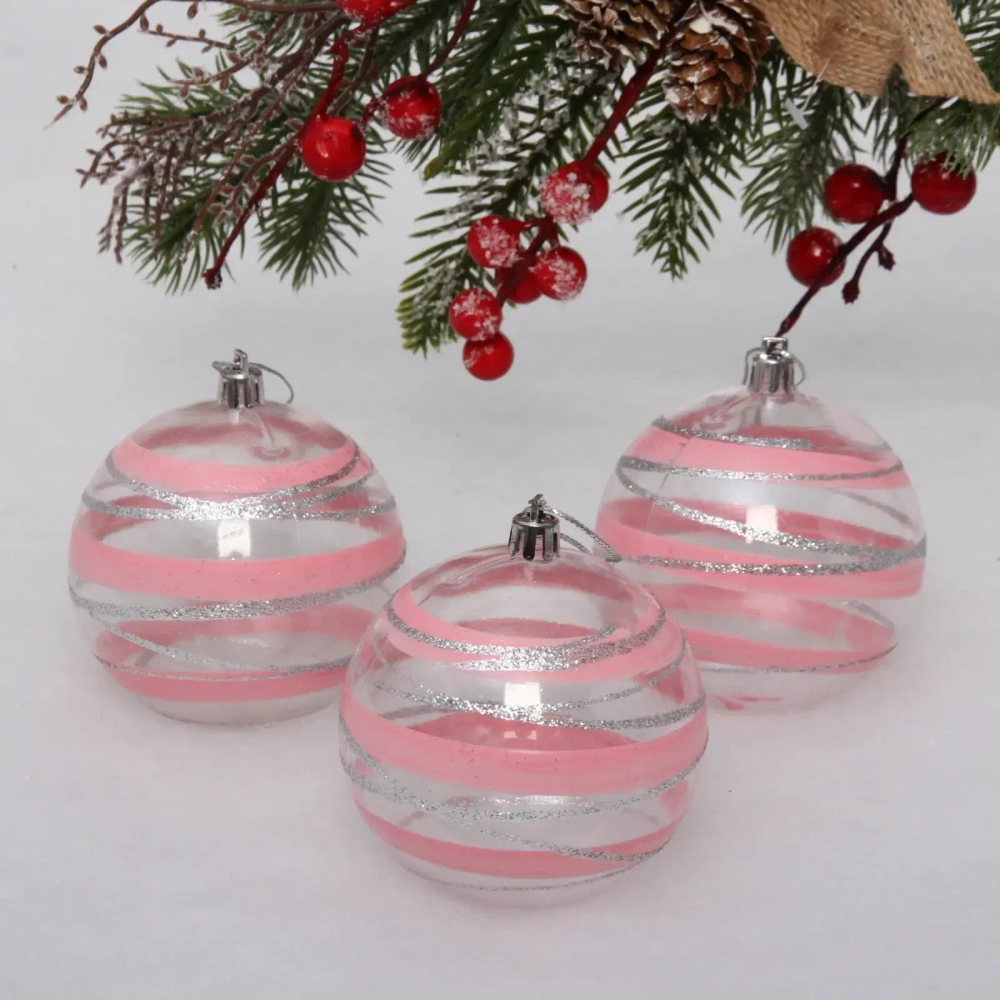 Новогодние шары 8 см (набор 3 шт) «Сказочный узор», розовый/серебро