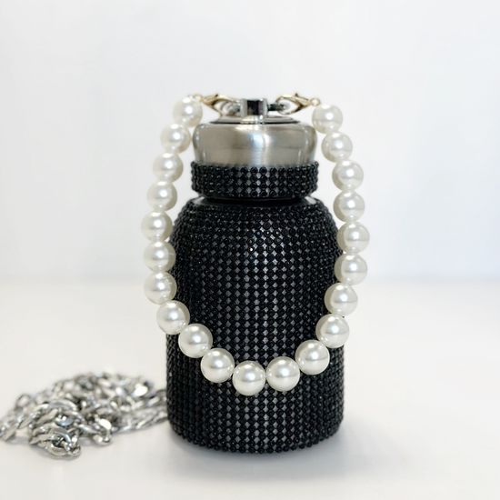 Термос-бутылка со стразами и жемчугом, цвет черный, 300 мл