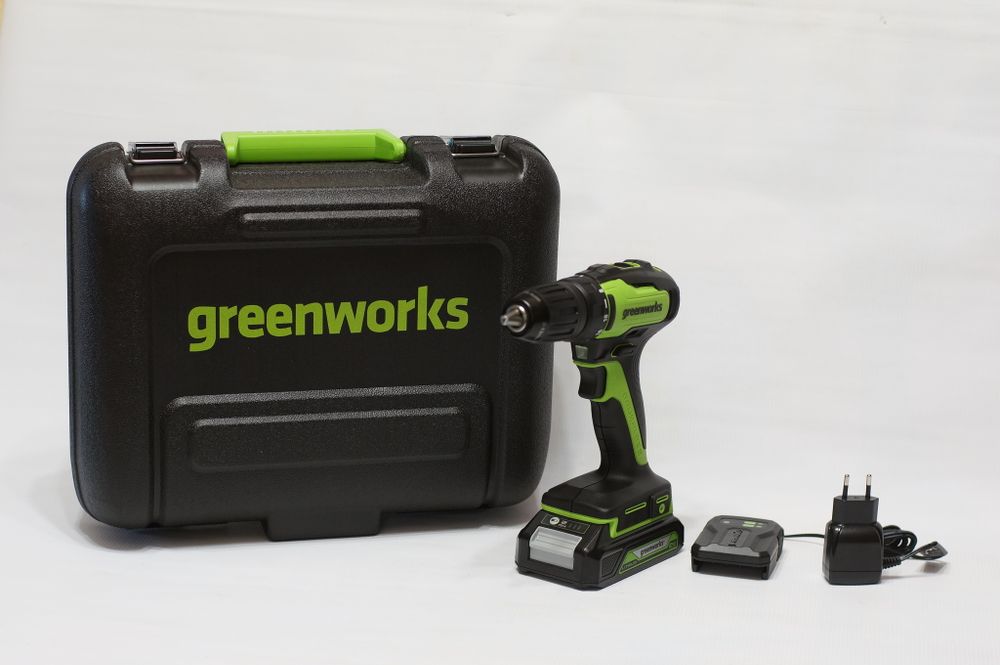 Аккумуляторная дрель шуруповерт Greenworks GD24DD35K2,3704007UA, 24v, АКБ 2 А·ч и ЗУ в кейсе