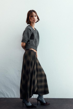 ZARA ЮБКА МИДИ В КЛЕТКУ, ЧЕРНЫЙ/КОРИЧНЕВЫЙ