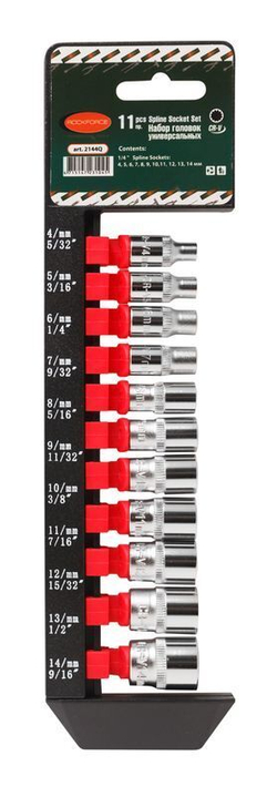 Набор головок универсальный профиль 11пр.,1/4''(4-14мм-5/32'',3/16'',1/4'',9/32'',5/16'',11/32'',3/8'',7/16'',15/32'',1/2'',9/16''), на пластиковом де RockForce##Rock FORCE RF-2144Q