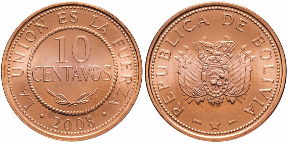 Боливия 10 сентаво, 2001 - 2008 Герб XF