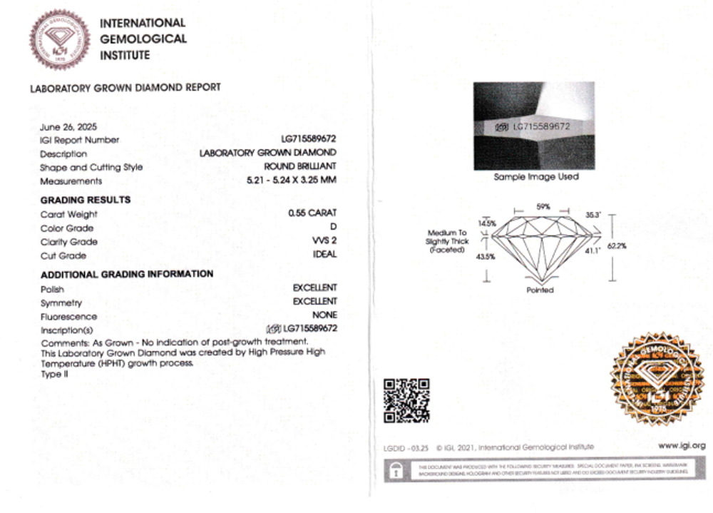 Лабораторно-выращенный бриллиант Кр-57 5.21-5.24 мм D/VVS2 0.55 ct