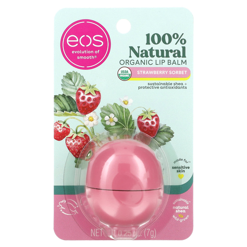 EOS, 100% натуральный органический бальзам для губ, с ароматом клубничного сорбета, 7 г (0,25 унции)