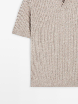 Massimo Dutti Вязаная рубашка-поло с короткими рукавами и узором «косичка», норка