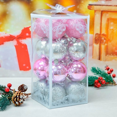 Шар новогодний 16шт 6см, цвет розовый+серый, пластик